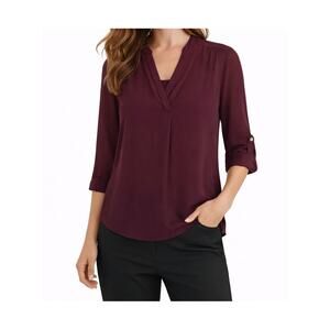 Timeson Burgundy Roll Tab Sleeve V Neck Blouse Long Sleeve Tunic Top L